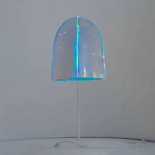 Image similar to an ultra high definition professional studio quality photograph of a transparent iridescent perspex pastel coloured visor and matching raincoat on a white coat hook in an empty white room. dramatic lighting, ray tracing, refraction, shallow d. o. f, colour corrected, golden ratio, three point light. volumetric shadows. light rays.