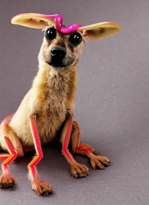 Image similar to genetic combination of a dog, a praying mantis, and a teddy bear. insectoid puppy. iridescent pink fur, big red eyes, mantis claws