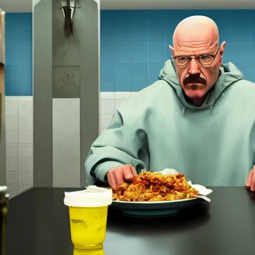 Prompt: Walter White eating over at Los Pollos Hermanos with Hank Schrader, hyper realstic, super detailed, 4k, HDR, photograph