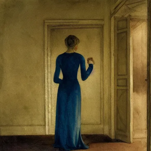 Image similar to close up of a girl in a blue and gold haunted liminal abandoned room, watercolor by canova, by hammershøi, art noveau, highly detailed, lights by edward hopper, liminal, eerie, bright pastel colors