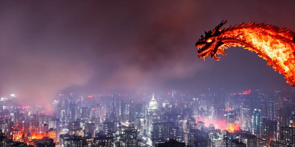 Image similar to a Chinese Fire Dragon surrounded by smoke and fire high above a city at night