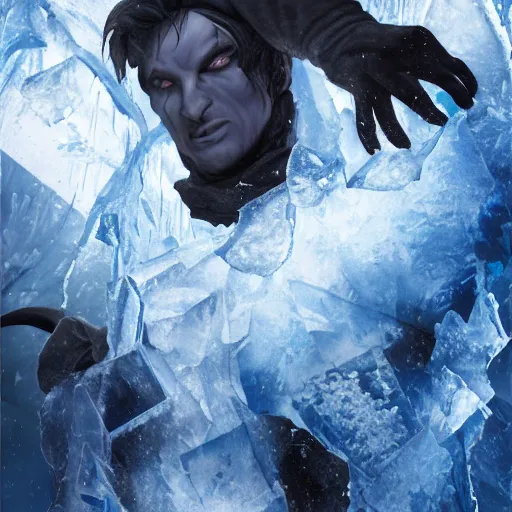 Image similar to a blue tiefling man frozen in a block of ice and being shattering into a million pieces, wearing dark cloths, ice block, cracked, destroyed, shattering, breaking, by Tony Sart, detailed, realistic, masterpiece