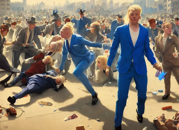 Image similar to a blond man in a blue suit wounded surrounded by a crowd, organic painting, sunny day, matte painting, bold shapes, hard edges, street art, trending on artstation, by huang guangjian, gil elvgren, ruan jia, randy vargas, greg rutkowski