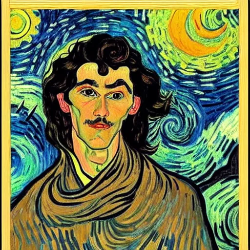 Prompt: painting of handsome beautiful dark medium wavy hair man in his 2 0 s, dressed as an oracle, looking upward to the heavens above!!, smile, foreseeing the future, elegant!!, clear, painting, highly stylized, art by vincent van gogh, egon schiele