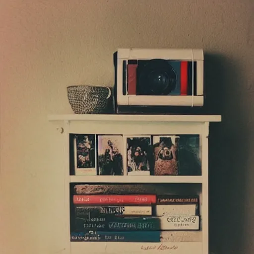 Image similar to a bookshelf full of dust, polaroid photo, perfect photo, photo pinterest