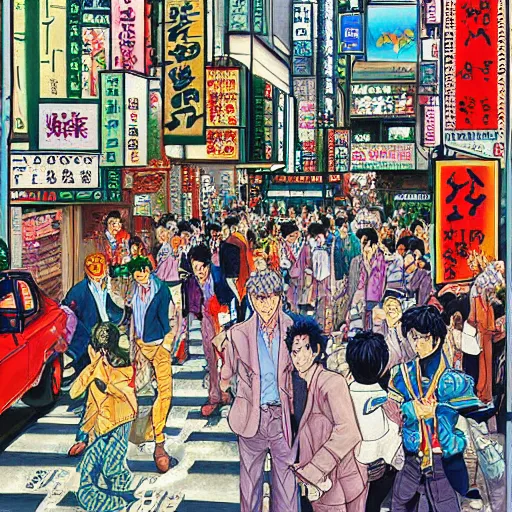 Image similar to a beautiful painting of a city street in tokyo by hirohiko araki, detailed line art, jojos bizarre adventure