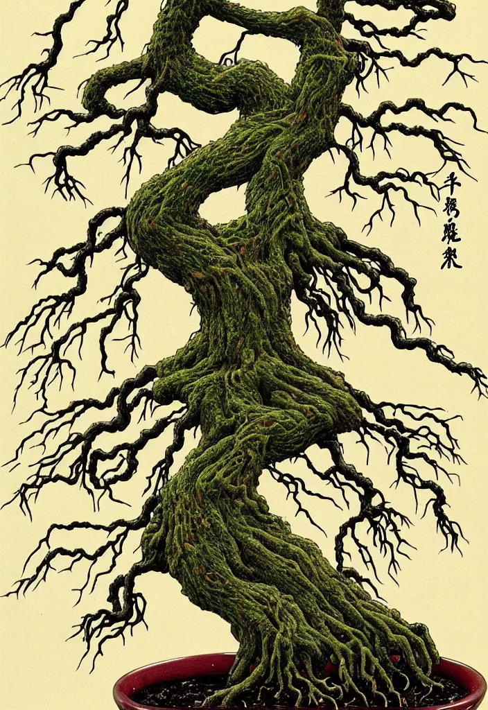 Image similar to prompt: anatomy dissection drawing veins and organs Bonsai tree character drawn by Takato Yamamoto, bonsai anatomy atlas, veins and organs attached to tree roots, alchemical objects inspired by 1980's sci-ci, old experimentation cabinet, intricate oil painting detail, manga 1980