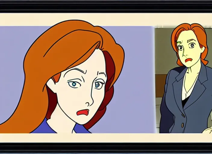 Image similar to dana scully, in the style of studio ghibli, traditional animation, sharp detail, animation cel