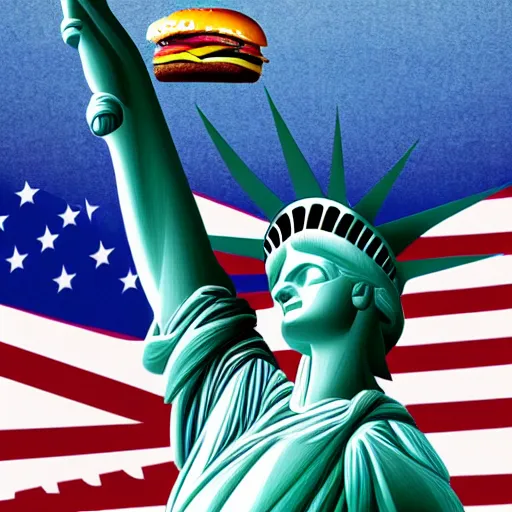 Image similar to the statue of liberty holding a burger realistic