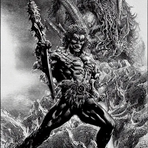 Image similar to arnold swarchenegger with giant sword fights ugly demon, dark fantasy art by kentaro miura, gustave dore, jean giraud, philippe druillet