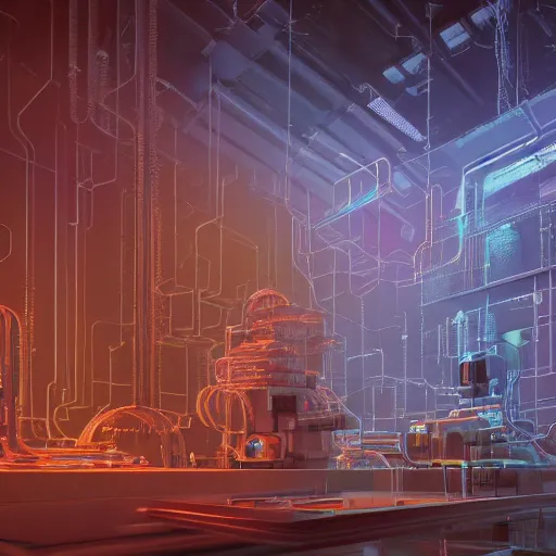 Prompt: an immaculate octane redshift concept art render of the nexus between a vast modern computing center and an alchemist\'s lab with exposed circuit boards, nixie tubes and tesla coils by Zdzisław Beksiński and beeple, beautiful modern colors, ultradetailed, 4k ultra