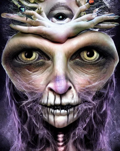 Image similar to halloween witch theme surrealist art in the styles of igor morski, jim warren, and a tim burton film, intricate, hyperrealistic, accurate facial details, profile picture with chromakey!!!! background, volumetric lighting