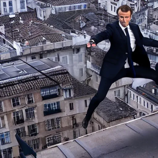 Prompt: macron dodging bullets on a rooftop, in matrix, realistic, matrix lut, american shot,