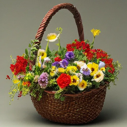 Prompt: a basket woven from flowers