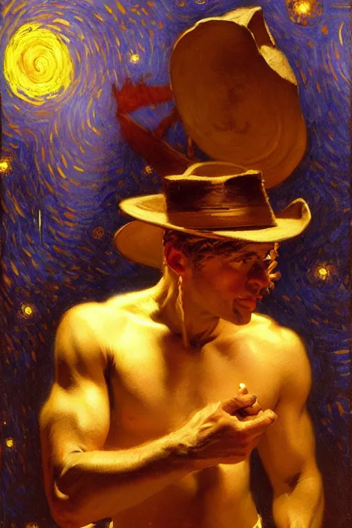 Image similar to attractive male playing pinao, starry night, painting by gaston bussiere, craig mullins, j. c. leyendecker