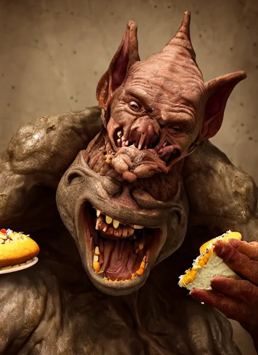 Image similar to closeup profile face portrait of a medieval goblin eating cakes in the cloisters, depth of field, zeiss lens, detailed, symmetrical, centered, fashion photoshoot, by by hyung tae, frank frazetta, bosch, giger, breathtaking, 8 k resolution, extremely detailed, beautiful, establishing shot, artistic, hyperrealistic, beautiful face, octane render