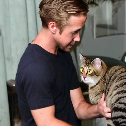 Prompt: ryan gosling getting mugged by a cat