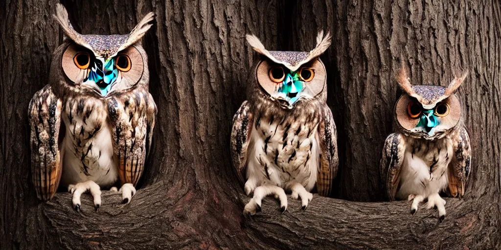 Prompt: A giant two-headed owl with red and blue eyes sitting on a throne carved in a big tree, moonlight, natural light, Cinematic level shot, dynamic pose, award winning photograph, photorealism, beautiful lighting, sharp, details, hyper-detailed, HDR, 8K