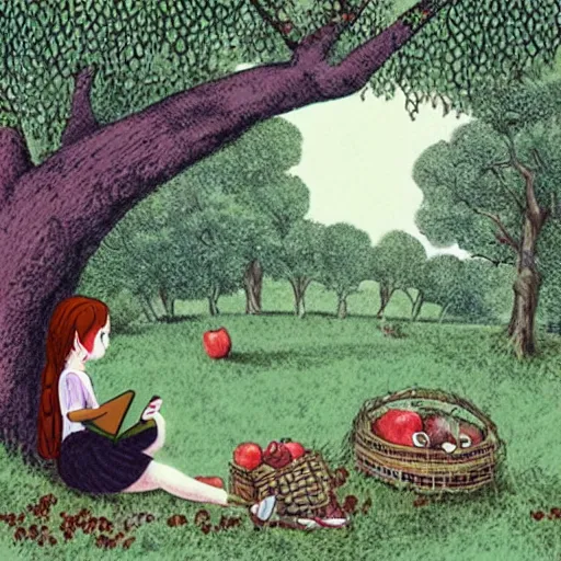Prompt: goth girl reading a book under an apple tree in summer. folk horror