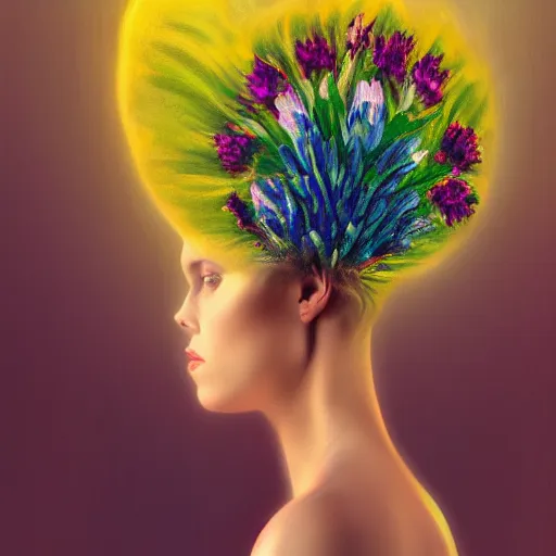 Image similar to huge flower as head, woman standing in a luxury apartment, surreal photography, dramatic light, impressionist painting, digital painting, artstation, georgia o'keeffe