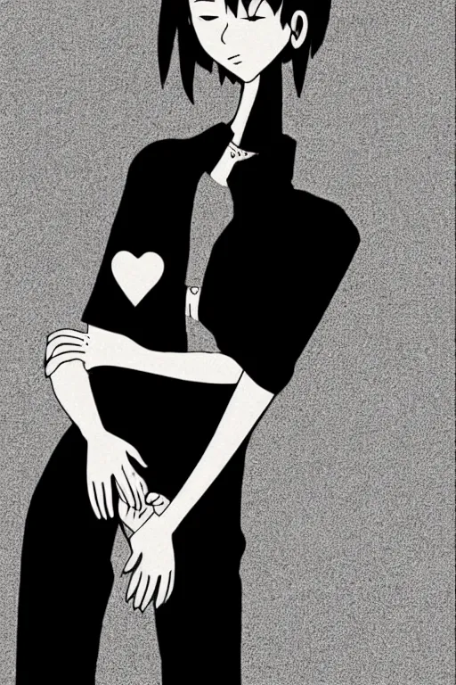 Image similar to portrait of a girl in long pants and a top, hands in pockets, eyes closed, red color heart shaped tattoo on the right hand, bob haircut, digital art, black and white, minimalistic illustration by junji ito and kaoru mori