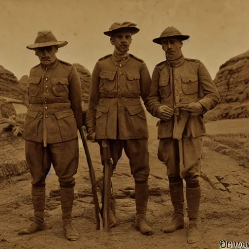 Image similar to ultra detailed photorealistic sepia - toned photo from 1 9 1 7, three british soldiers standing at an archaeological dig site in wadi rum, ultra realistic, painted, intricate details, lovecraft, atmospheric, dark, horror, brooding, highly detailed, by clyde caldwell