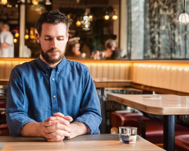 Image similar to 8 5 mm photography of a depressed guy at a restaurant. highly detailed 8 k. intricate. lifelike. soft diffused light. nikon d 8 5 0.