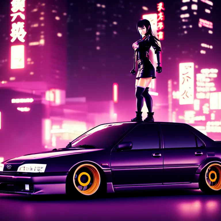 Image similar to toyota jzx 1 0 0 drift, detailed - wheels, shibuya prefecture, with cyberpunk girl standing, cinematic lighting, photorealistic, night photography, octane render