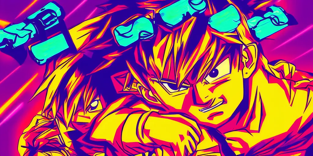 Image similar to vaporwave, vector graphics, synthwave, neon, goku snowboarding, portrait