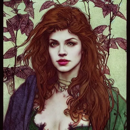 Prompt: a beautiful and detailed matte painting of a poison ivy dressed casually in jeans and a nirvana t - shirt from hot topic, food court in a mall, dark eyeliner, intricate, elegant, highly detailed, digital painting, artstation, concept art, matte, sharp focus, illustration, art by rebecca guay and by arthur rackham and by alphonse mucha and by john william waterhouse