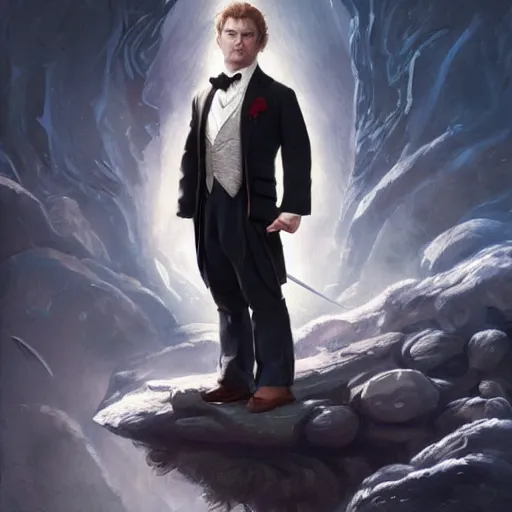 Image similar to masterpiece portrait of a hobbit gentleman in a tuxedo, Cinematic lightning, D&D, fantasy, highly detailed, digital painting, sharp focus, illustration, art by artgerm and greg rutkowski and magali villeneuve