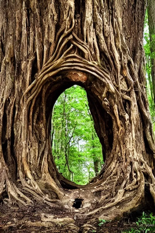 Image similar to a portal to the underworld embedded in a big gnarly tree