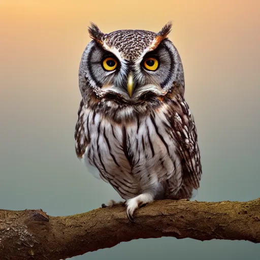 Image similar to The cutest owl ever, pastel sky, photograph, dynamic lighting, 8k resolution, hyperrealistic, high contrast