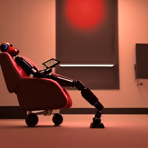 Image similar to futuristic studious matte brown and red and chrome full-body humanoid robot with two huge round expressive sad purple glowing LED eyes and open rectangular mouth sitting on a large comfortable cushioned 1950s vintage recliner reading a newspaper. open newspaper. Cinematic Movie Photograph, Arri Alexa, Extremely Detailed, smooth, very very clean, 8K, octane render, maya render, unreal engine, trending on artstation, DSLR, excellent composition, center frame