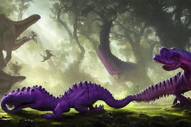 Image similar to barney the purple dinosaur, in a prehistoric landscape, surrounded by larger predatory dinosaurs, tyrannosaurus, fantasy art, barney and friends, greg rutkowski, concept art, highly detailed, artstation, artgerm, behance, cgsociety, natural history