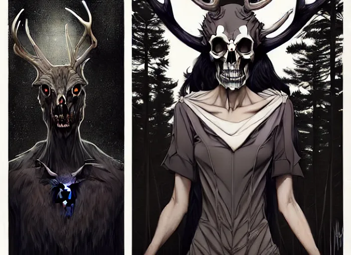 Prompt: style artgerm, joshua middleton, diego fazio, j. c. leyendecker : : scary wendigo with antlers and skull face mixed with werewolf : : [ beautiful witch wearing a black dress, symmetrical face, on the right side ] : : in the forest, detailed, dark and foggy, cinematic lighting