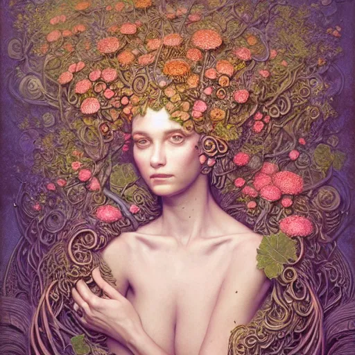 Image similar to a beautiful detailed front view portrait of a woman with ornate growing around, ornamentation, flowers, elegant, beautifully soft lit, golden ratio, full frame, by wayne barlowe, peter mohrbacher, kelly mckernan,