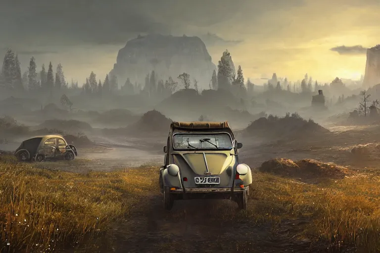 Image similar to offroad citroen 2 cv ( 1 9 6 5 ) driving across the rift, riften city in the background, epic fantasy, autumn, the elder scrolls v : skyrim, dramatic lighting, establishing shot, by simon stalenhag