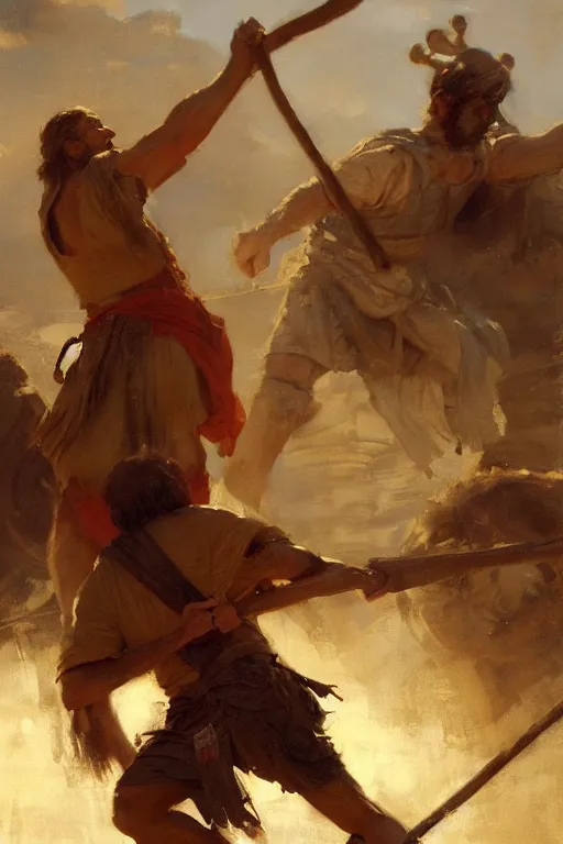 Image similar to ancient biblical israeli young man david slinging a stone at the philistine giant goliath of gath in battle by anders zorn, wonderful masterpiece by greg rutkowski, beautiful cinematic light, by greg manchess, jessica rossier