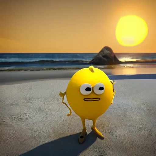 Image similar to 3 d render, of anthropomorphic lemon character with an angry look on his face, he is wearing a hat, relaxing on the beach at sunset, beach, waves, sun, rim light, cinematic photography, professional, sand