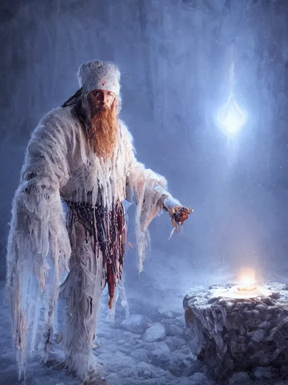 Image similar to fine painting of the white shaman of death from an ancient ice planet culture with mushrooms, candlelight, 8 k, ultra realistic, lens flare, atmosphere, glow, detailed, intricate, full of colour, cinematic lighting, trending on artstation, 4 k, hyperrealistic, focused, extreme details, unreal engine 5, cinematic, masterpiece