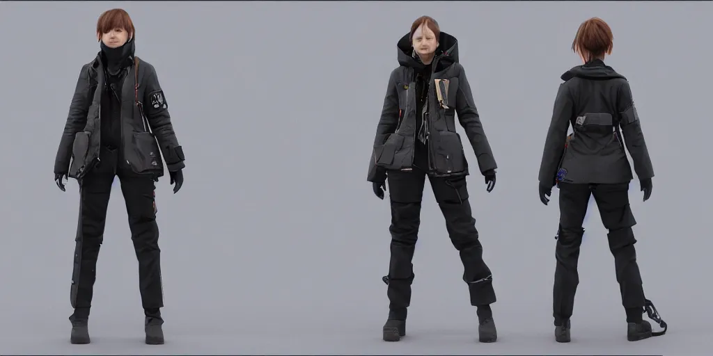 Prompt: a woman in scientist's jacket with a system of straps and pouches for collecting material by Tetsuya Nomura, trending on artstation and pixiv clean sci-fi concept art and sheet that using unreal engine 5 render and hyper detailed 3D texture with cinematic software light