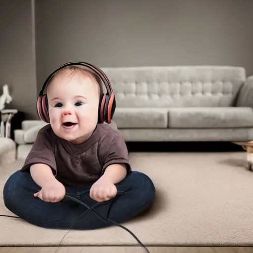 Prompt: a cartoon baby hippo listening to headphones, laying on living room couch, portrait, studio photography, cinematic theme
