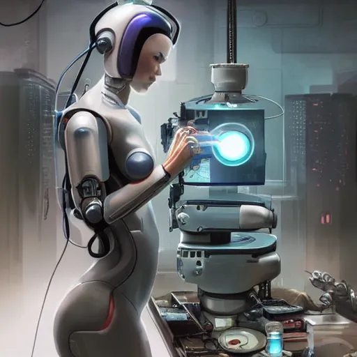 Prompt: cyberpunk robot repairing an android in a lab, concept art, fine details, Anime, cinematic lighting, ghost-in-the-shell, cyberpunk,sci-fi, fantasy, intricate, elegant, highly detailed, digital painting, artstation, concept art, smooth, sharp focus, illustration, art by artgerm and greg rutkowski