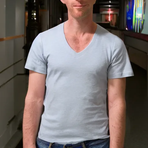 Image similar to color photograph of a 40 year old very handsome white skinny man with short, curly, blond hair and very small blue eyes, dressed in a white t shirt, gray shorts and a gray cabby cap, with a small mole to the right of his very thin lips, with a straight nose and blond stubble, with a round face, and an earring in the left ear. He resembles a lion.