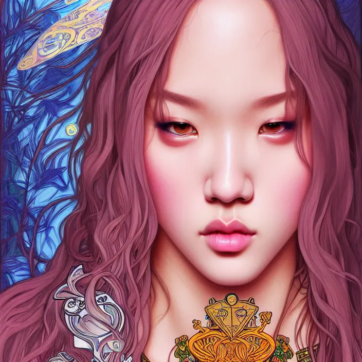 Image similar to jossi of blackpink, king, tarot card, highly detailed, digital painting, smooth, sharp focus, illustration, ultra realistic, 8 k, art by artgerm and alphonse mucha