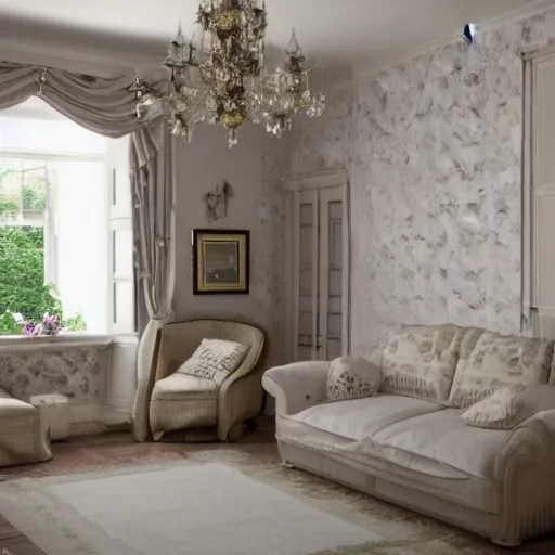 Prompt: a detalied 3 d render of a shabby chic living room, photorealism