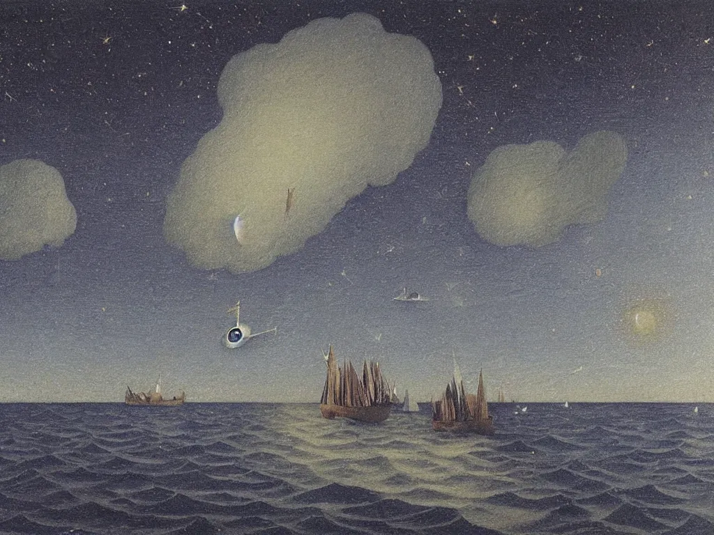 Image similar to wooden ship on the dark sea with meteor showers. painting by bosch, rene magritte