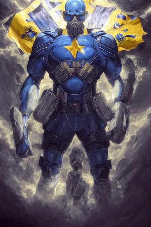 Image similar to a hyper realistic picture of a super soldier with a Ukrainian blue and yellow stripes flag standing in the beam of light from the clouds on a pile of skulls as a winner, masculine figure, D&D, fantasy, intricate, elegant, highly detailed, digital painting, artstation, concept art, matte, sharp focus, symmetrical, illustration, art by Artgerm and Greg Rutkowski and Alphonse Mucha