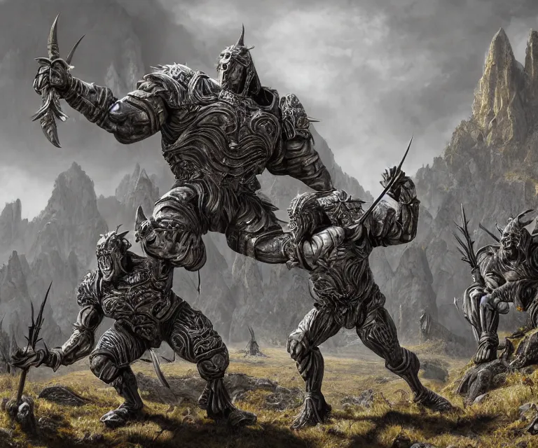 Prompt: trailcam footage grotesque horrific stylistic vray 3 d render of silver ornate armor slim bodybuilder handsome warriors in battle, mountains and giant gothic abbeys, hyperrealism, fine detail, 8 k, artsation contest winner, cgsociety, fantasy art, cryengine, brush strokes, oil canvas by mandy jurgens and michael whelan